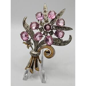 Vintage Pink Rhinestone Floral Brooch Large Bouquet Pin